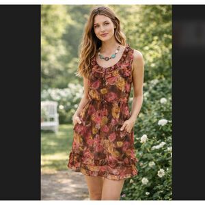 Y2K J Crew Silk Ruffle Dress 6 Floral Tie Waist Pockets Boho Romantic Cottage